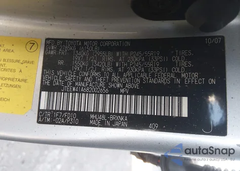 2008 Toyota Highlander Hybrid z USA, uszkodzony, nr VIN JTEEW41A682002656